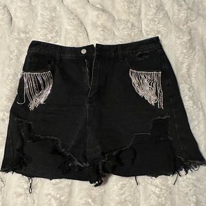 USED ONCE Cider Black Rhinestone Chain Shorts